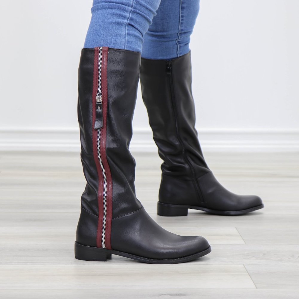 Black Below Knee Rider Boots Light Faux Fur Inside - Picture 7 of 12